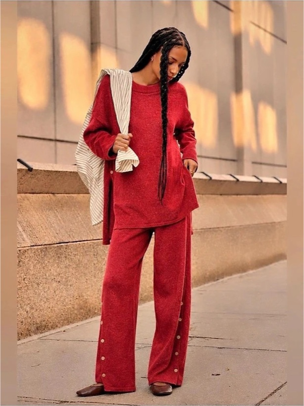 Free People Button Up Sweater Set Cotton Red